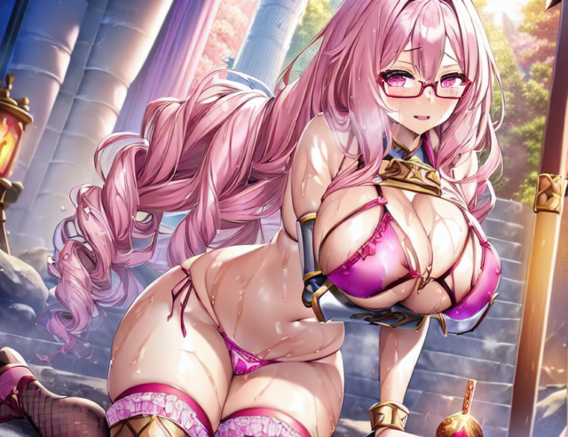 【爆乳二次元画像】ピンク爆乳眼鏡美女のビキニアーマー姿