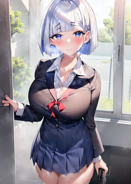 【爆乳 二次元画像】白髪爆乳学生コスプレの女の子の二次元画像