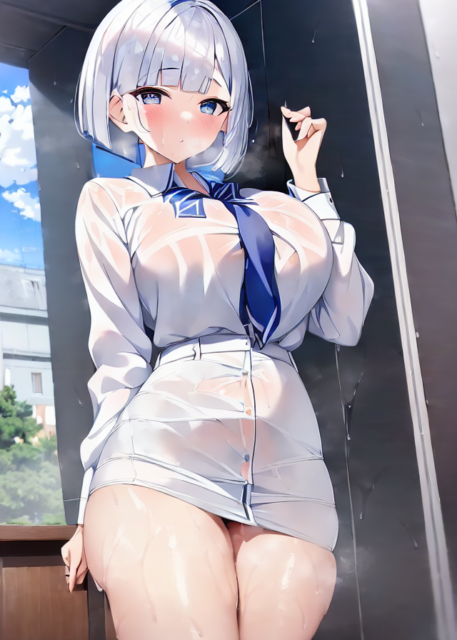 【爆乳 二次元画像】白髪爆乳学生コスプレの女の子の二次元画像