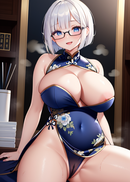 【爆乳 二次元画像】ロリ系の白髪美女のチャイナドレス二次元画像集