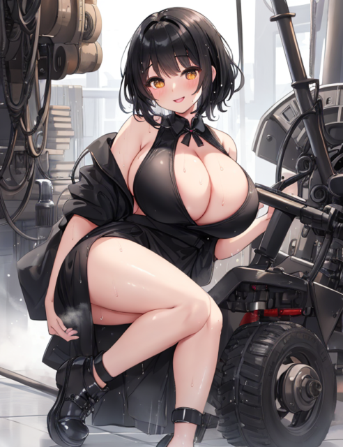 【爆乳 二次元画像】メカをいじっている黒髪爆乳の女性の画像