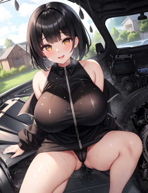 【爆乳 二次元画像】メカをいじっている黒髪爆乳の女性の画像