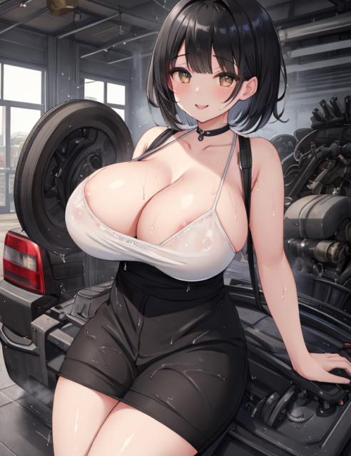 【爆乳 二次元画像】メカをいじっている黒髪爆乳の女性の画像