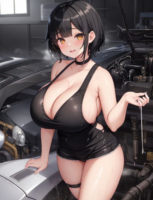 【爆乳 二次元画像】メカをいじっている黒髪爆乳の女性の画像