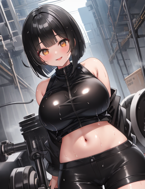 【爆乳 二次元画像】メカをいじっている黒髪爆乳の女性の画像