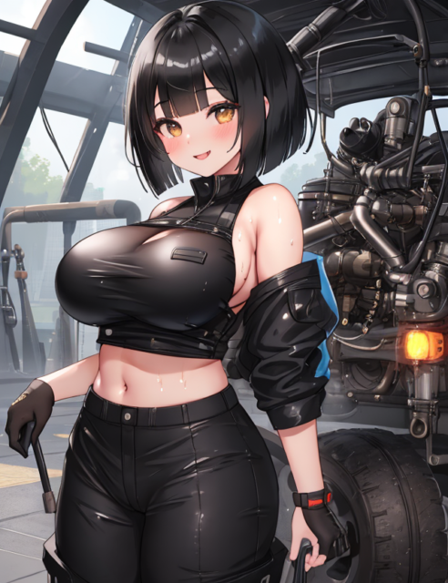 【爆乳 二次元画像】メカをいじっている黒髪爆乳の女性の画像