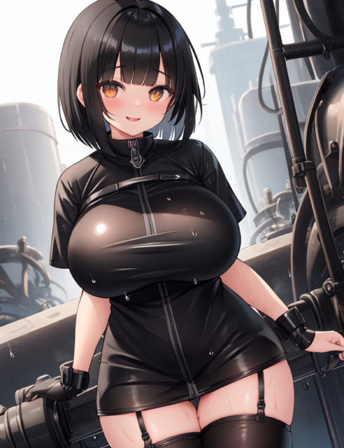 【爆乳 二次元画像】メカをいじっている黒髪爆乳の女性の画像