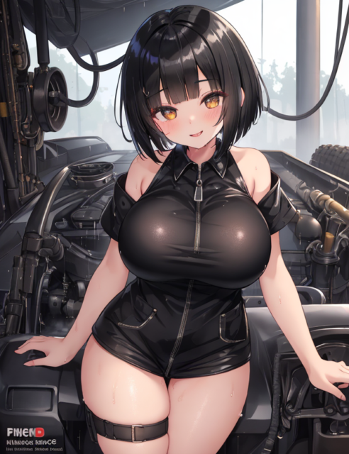 【爆乳 二次元画像】メカをいじっている黒髪爆乳の女性の画像