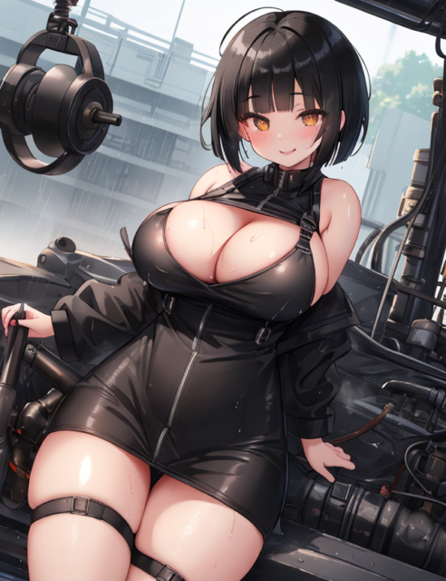 【爆乳 二次元画像】メカをいじっている黒髪爆乳の女性の画像