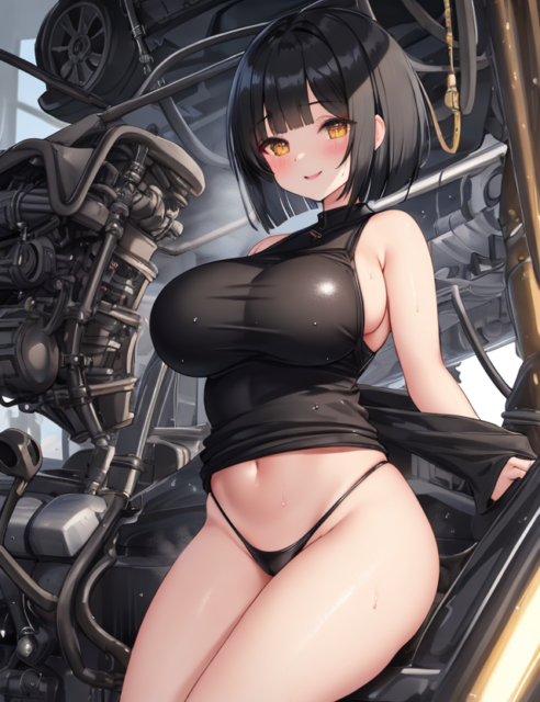 【爆乳 二次元画像】メカをいじっている黒髪爆乳の女性の画像