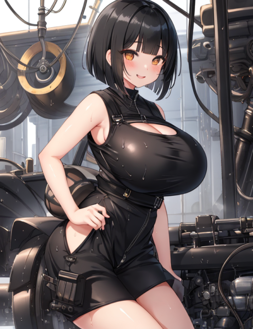 【爆乳 二次元画像】メカをいじっている黒髪爆乳の女性の画像