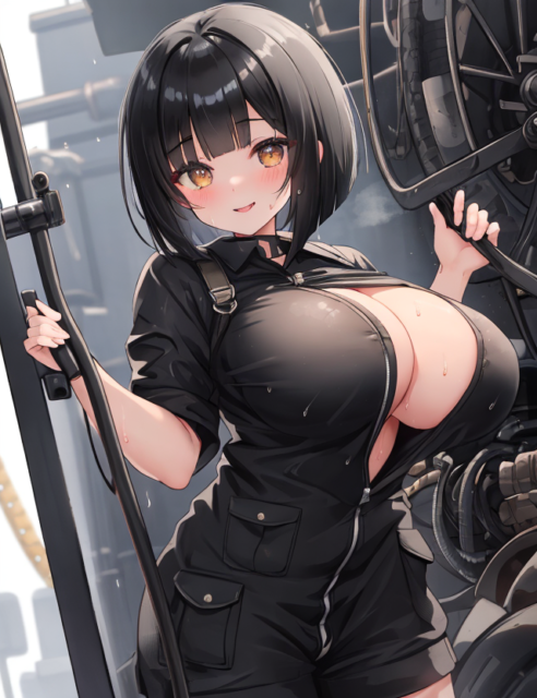 【爆乳 二次元画像】メカをいじっている黒髪爆乳の女性の画像