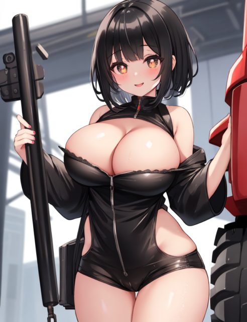 【爆乳 二次元画像】メカをいじっている黒髪爆乳の女性の画像