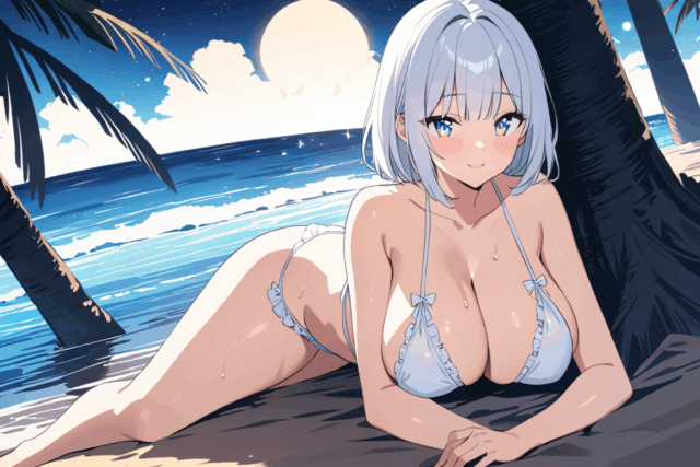 【爆乳 二次元画像】素敵な星空と白髪美少女の女の子の水着画像集