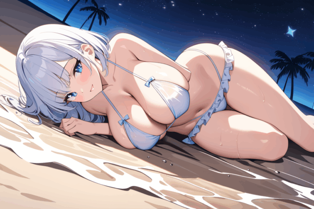 【爆乳 二次元画像】素敵な星空と白髪美少女の女の子の水着画像集