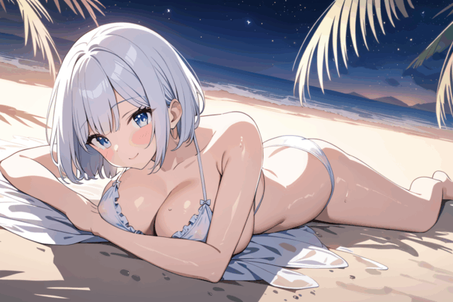 【爆乳 二次元画像】素敵な星空と白髪美少女の女の子の水着画像集