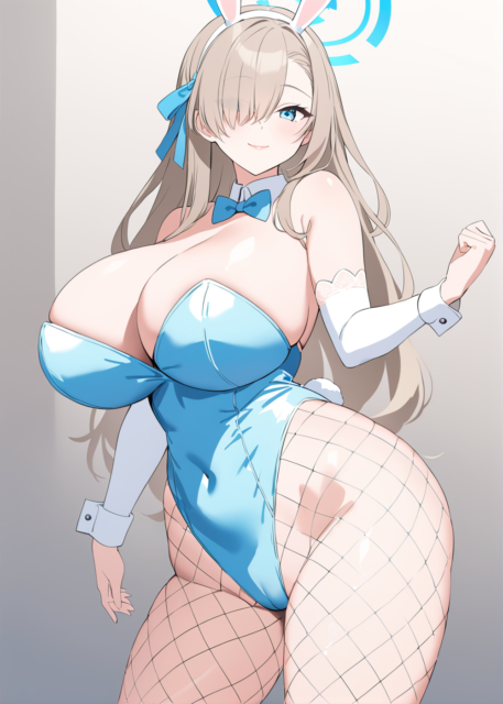 【爆乳 二次元画像】蒼いバニーガールの爆乳の女の子の水着画像集